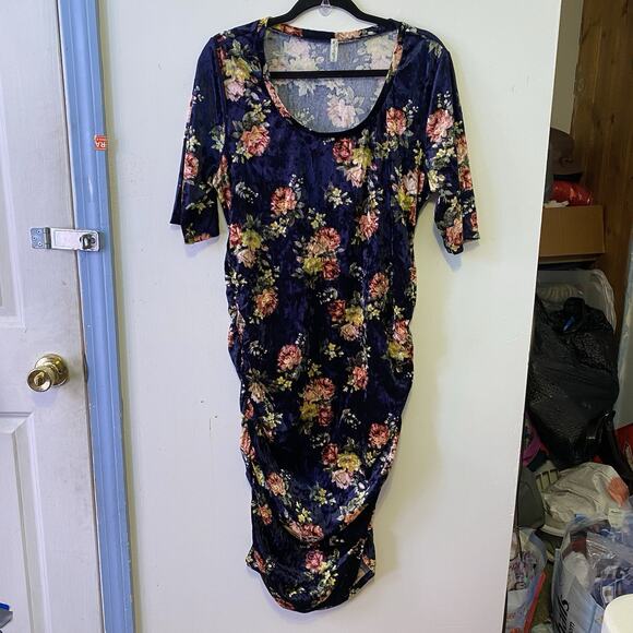 Mother Bee Maternity Midi Dress Blue Floral Velvet Size M/L Short Sleeve Soft - Picture 6 of 9